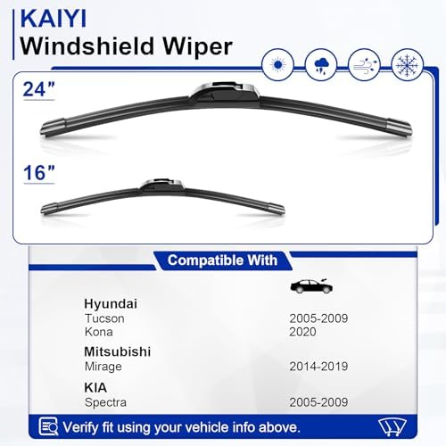 KAIYI 24" + 16" Windshield Wipers Compatible with Hyundai Tucson 2005-2009,Mitsubishi Mirage 2014-2019,KIA Spectra 2005-2009 Premium Automotive Replacement Windshield Wiper Blades 2 Pack