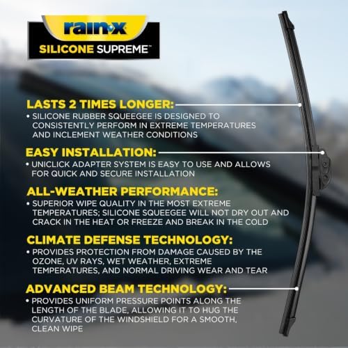 RainX Silicone Supreme Windshield Wiper Blade 21" - Heavy Duty Silicone Squeegee, Extreme Weather Resistance & All-Season Performance, Streak-Free Beam Technology, Quick Install (Pack of 1)
