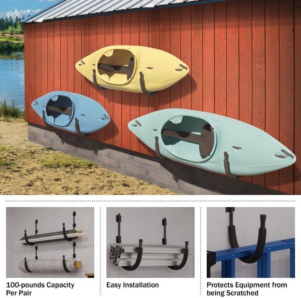 2-Pack of Kayak Storage Hook Sets - Kayak Wall Mount Hangers with 100lb Capacity Per Pair for Paddleboards, Surfboards,