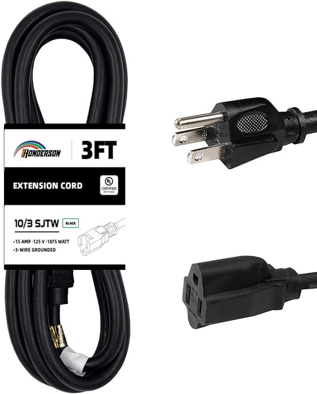 Extension Cord Weatherproof, UL Certified, 10 Gauge 3FT Black 3 Prong Heavy Duty, 10/3 SJTW 15A Power Cord for Lights, Appliances, Lawn