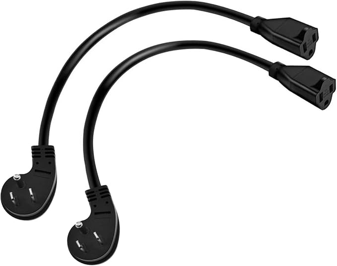Miady Flat Plug Extension Cord 1 Ft, 90 Degree Plug Adapter, 3 Prong Grounded Wire Short Angle Power Cable Black ETL Listed (2-Pack, 13 Amp, 125 Volts, 1625 Watts)