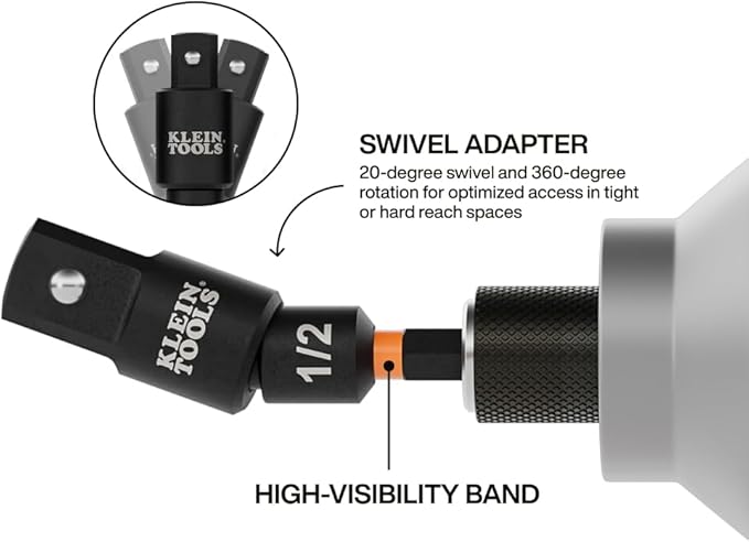 Klein Tools 65813SW 3-Piece Impact Swivel Socket Adapter Set, 1/4", 3/8", 1/2" Square Drive, Impact Driver to Socket Extensions, 20-Degree Swivel, Impact-Rated, Ball Detent