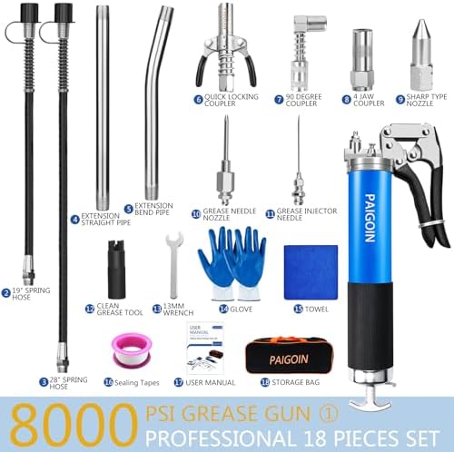 Grease Gun Kit 8000 PSI Heavy Duty 14 OZ Pistol Grip Grease Guns with 19" & 28" Spring Flex Hose,Quick Release Coupler,90 Degree Adapter,2 Needle Tips,2 Nozzles,2 Extension Tubes