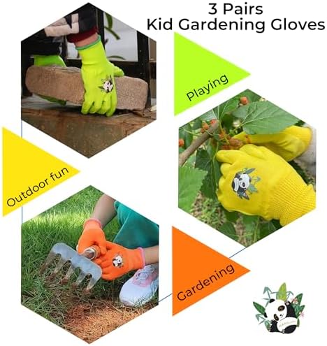 HANDLANDY 3 Pairs Kids Gardening Gloves, Grippy Kids Work Gloves, L