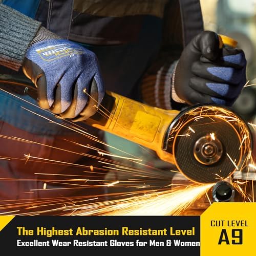 COOLJOB A9 Cut Resistant Safety Work Gloves with Grip, Touchscreen Nitrile Coated Heavy-duty for Glass Metal Sheet Handling