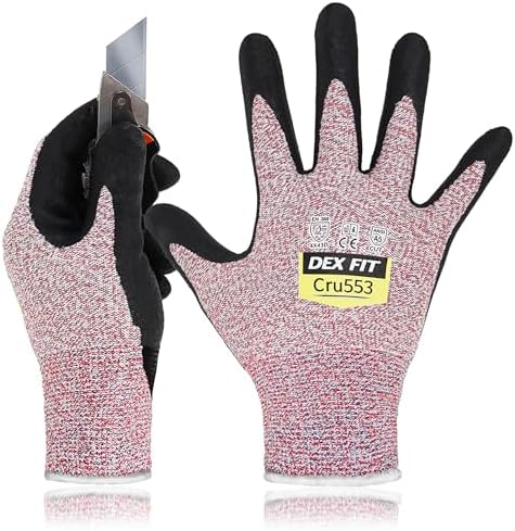 DEX FIT Level 5 Cut Resistant Gloves Cru553 Anti-Static, 3D Comfort Fit A5 Safety Work Gloves with Grip, Thin Touchscreen Gloves for Warehouse, Package Handling, Red, S, 1 Pair