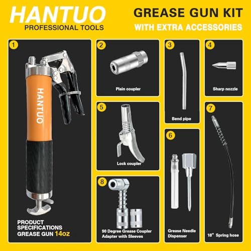 Grease Gun Kit, 8000 PSI Heavy Duty Pistol Grip Grease Gun with 14 OZ Capacity, Includes 90° Grease Adaptor & 0.53" Grease Coupler, Grease Guns for Automotive, Agricultral, Industrial, Marine