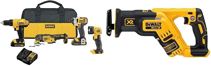DEWALT 20V MAX* Cordless Drill Combo Kit , 4-Tool (DCK444C2) with DEWALT 20V MAX* XR Reciprocating Saw, Compact, Tool Only (DCS367B)