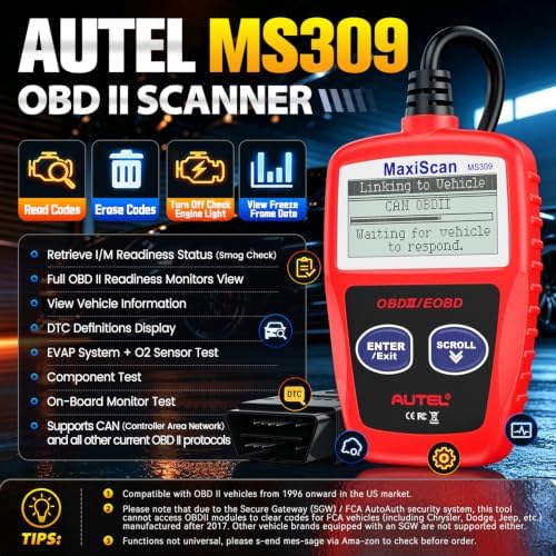 Autel OBD2 Scanner MS309 Universal Car Engine Fault Code Reader, Check Engine Light and Emission Monitor Status, OBDII CAN Diagnostic Scan Tool