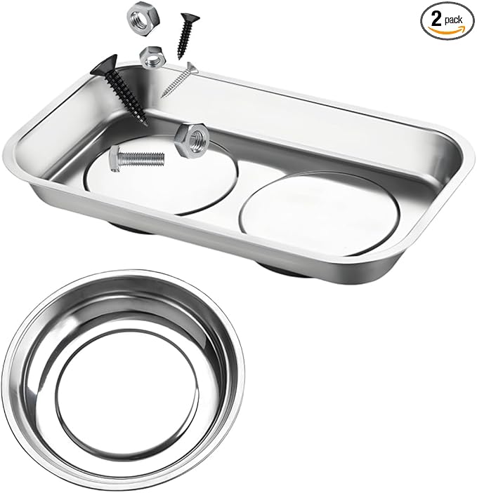 2 PCS Magnetic Parts Tray Set, Stainless Steel 9.4"×5.4" Square and 4" Round Magnetic Trays, Mechanic Tool Tray Holder for Screw, Sockets, Bolts, Nuts, Small Metal Parts
