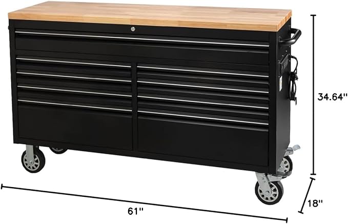 61-Inch Heavy-Duty Rolling Tool Chest & Mobile Workbench with 9 Drawers, Rubber Wood Top, Locking System, Wheels for Garage, Workshop, Warehouse Storage, Tool Cabinet