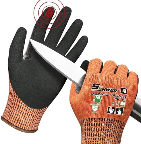 Schwer ProGuard Highest Level Cut Resistant Work Gloves PR3326 for Extreme Protection，ANSI A9 Cut Gloves with Reinforced Thumb, Non Slip, Durable, Touch-screen, Orange 2 Pairs（L）