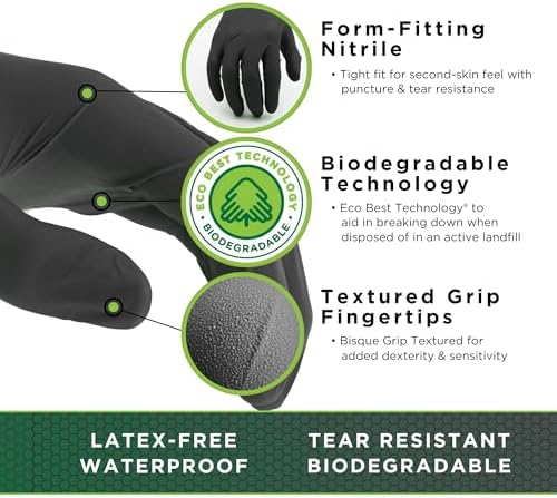 SHOWA 6112PF Sustainable EBT Latex-Free, Powder-Free, Nitrile Disposable Single Use Safety Gloves, 4 Mil, 9.5" Length, Black, XX-Large, (1 Box/100 Gloves)