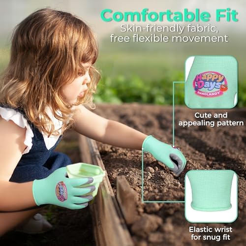 HANDLANDY 2 Pairs Kids Gardening Gloves, Grippy Kids Work Gloves, S
