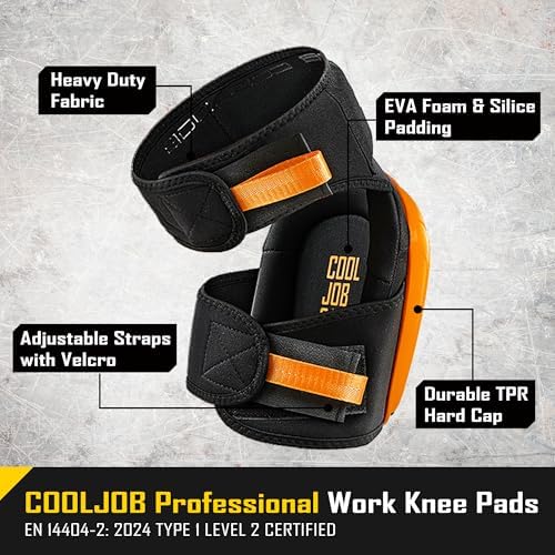 COOLJOB Professional Knee Pads with Heavy Duty Anti-Slip Cap, Comfortable Foam Cushion and Extra Thick Gel Padding for Construction Flooring, Reinforced & Adjustable Straps, Orange