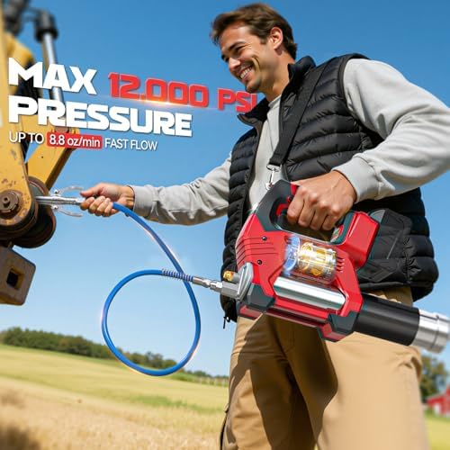 Ecarke Cordless Grease Gun Compatible with Milwaukee 18V Battery (Tool Only), 3‑Speed Adjustable Flow, 12,000 PSI Max, 39” Hose, Works with Bulk & Cartridge Grease, for Farm/Truck/Construction
