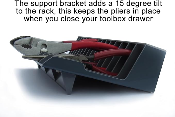 PLR16 Gray PliersRack for your Peg Board and Toolbox Drawer. Plier storage for Regular & smaller pliers. Keeps spring loaded pliers closed in your toolbox. Has a special tilt feature.