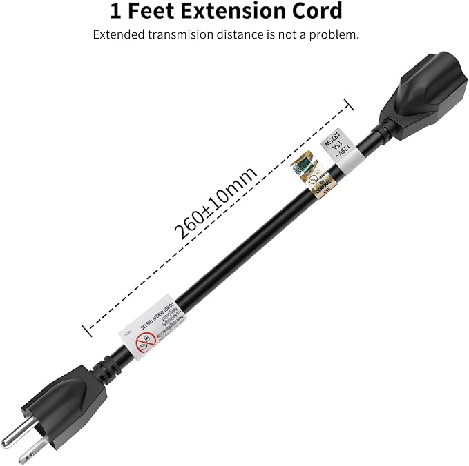FIRMERST 15 Amp 1 Foot 3 Prong Extension Cord 14 Gauge 1875W Black