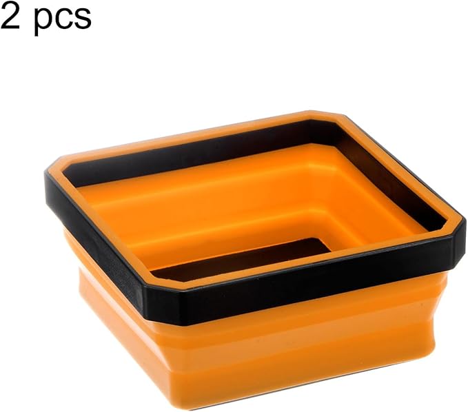 HARFINGTON 2Pcs Collapsible Magnetic Parts Tray Foldable Tool Trays Square Small Metal Parts Organiser for Fixing Screw Bolts Nuts Washers Pins, Orange