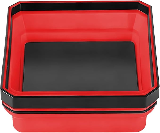 Collapsible Magnetic Car Parts Tray, Foldable Silicone Tool Tray with Magnetic Base, Double-Side Magnet Bowl for Auto Bolts, Screws, Nuts, Small Metal Parts, Universal Fit (Red)