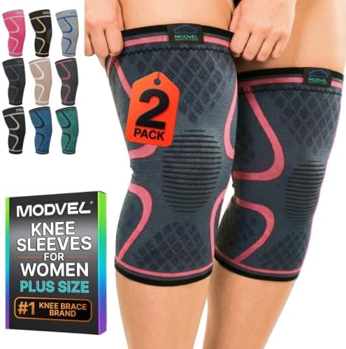 Modvel 2 Pack Knee Brace for Women - Knee Support for Walking, Knee Compression Sleeves for Pain Relief, Knee Sleeves for Women, Knee Brace for Sports, Workouts & Arthritis