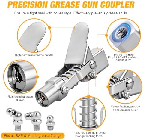 GOOACC Grease Gun Coupler Set Quick Locking Grease Coupler 90 Degree Grease Tips 12" Spring Flexible Hose & Cleaning Tool Compatible with 1/8" NPT Grease Gun Fitting & SAE Metric Zerk Fittings 4 PCS