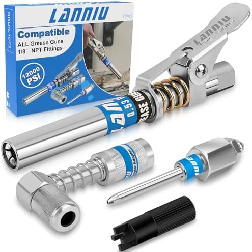 Grease Gun Coupler Kit, 12000 PSI with 90° Adapter & Needle Tip