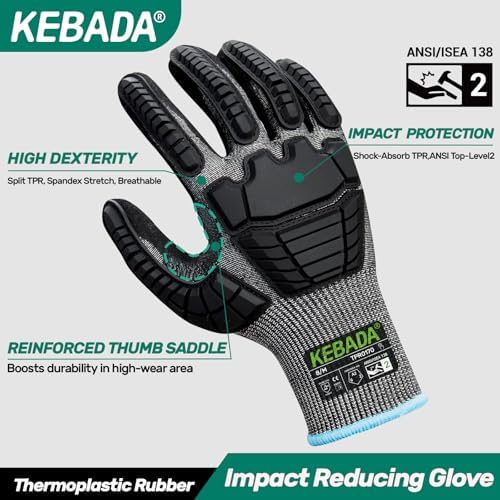Kebada Impact Protection Gloves, ANSI A2 Cut Resistant, 1/3 Pairs