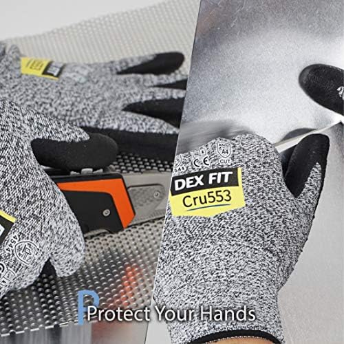 DEX FIT Level 5 Cut Resistant Gloves Cru553, 3D-Comfort Fit, Firm Grip, Thin & Lightweight, Touch-Screen Compatible, Durable, Breathable & Cool, Machine Washable; Grey M (8) 3 Pairs