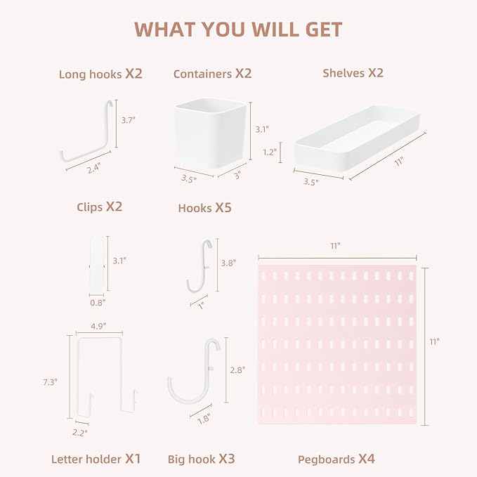 VUSIGN Pegboard Combination Wall Organizer Kit, 4 Pieces Pegboards and 17 Accessories Modular Hanging, Wall Mount Display Peg Board Panel Kits for Bedroom, Home, Office, Bathroom, 22" x 22", Pink