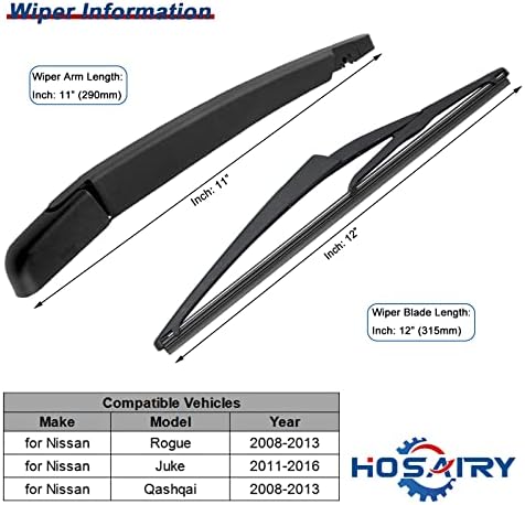 Rear Wiper Arm Blade Set for Nissan Rogue 2008-2013, Juke 2011-2016, Qashqai 2008-2013 - Windshield Wiper Arm Blade Assembly 28780-JM00A