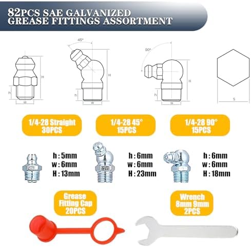 1/4"-28 SAE Grease Fittings - 82PCS Zerk Fittings Kit with Caps and Wrench Straight 45 90 Degree Angled Grease Nipples