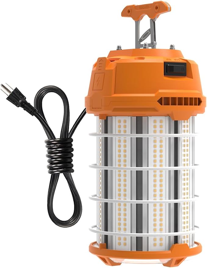 HYPERLITE LED Temporary Work Light 150W 18750LM 500W HID/HPS 5000K, Portable Hanging Construction Light with Stainless Steel Safety Guard and Sturdy Hook for Job Site, Workshop(with an ON/Off Switch)