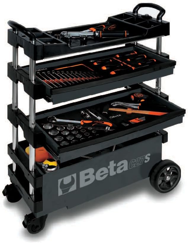 Beta C27S Collapsible Rolling Tool Cart | Heavy-Duty Mobile Metal Tool Trolley with Locking Drawers, 4” Steering Wheels, Brake System | Thermoplastic Worktop | Black