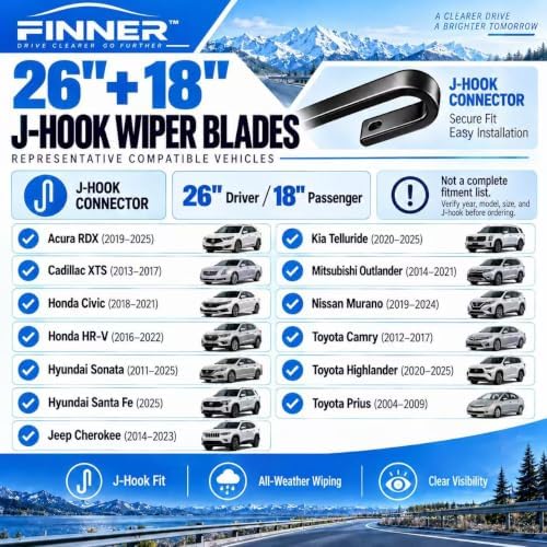 FINNER 26"+18"J-Hook Windshield Wipers Fits Toyota, Honda, Nissan & more