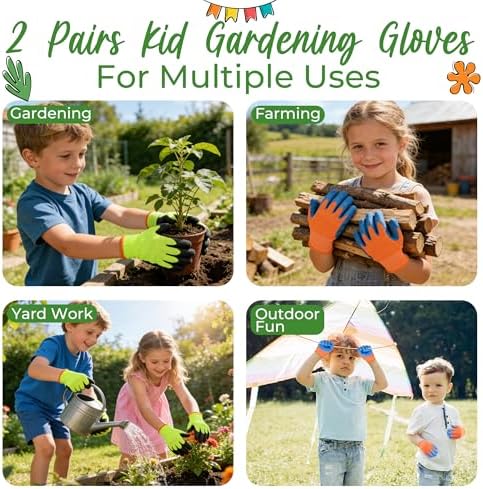 HANDLANDY 3 Pairs Kids Gardening Gloves, Grippy Kids Work Gloves, S