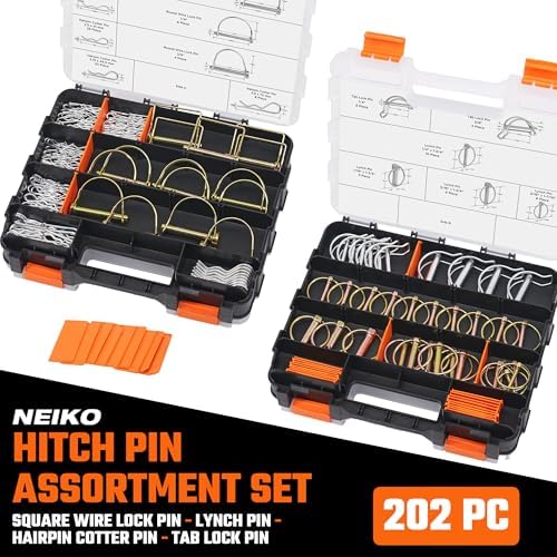 Neiko 50418A Trailer Hitch Pin Clip Set, 202 Pc O-Ring Locking Trailer Pin Clips, Zinc Plated, Steel Square Tractor, Double Line, Linch, PTO and Hairpin Cotter Pins
