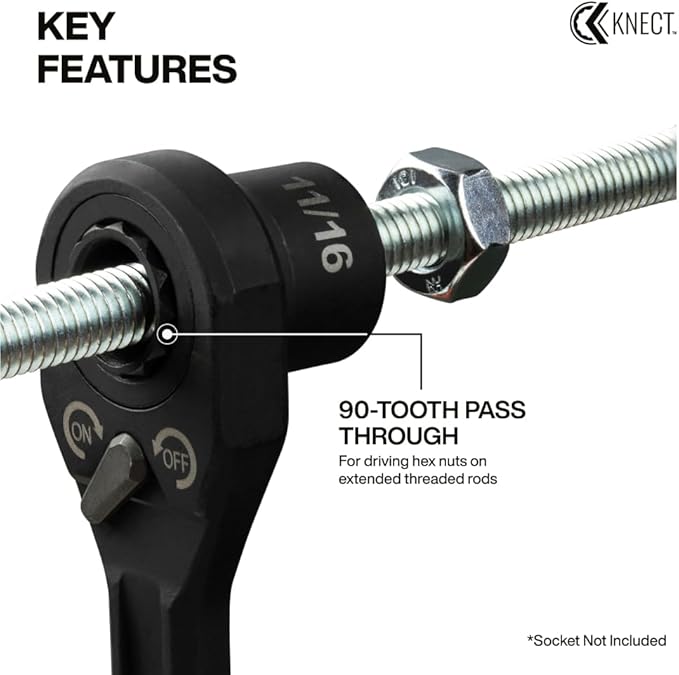 KLEIN TOOLS 65408ADP KNECT (M) Pass Through Ratchet and 3/8-Inch Socket Adapter Set, 90-Tooth Wrench for Extended Threaded Rods, Compact and Comfortable Grip, Traditional Socket Compatibility