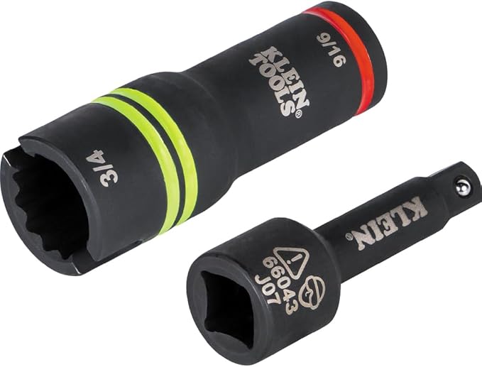 Klein Tools 66044 3-in-1 Flip Impact Socket, Alignment Slot, 9/16-Inch, 3/4-Inch Hex Sizes, 12-Point, 1/2-Inch to 3/8-Inch Square Adapter