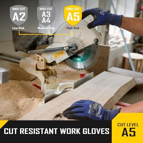 COOLJOB A5 Fiberglass Free Cut Resistant Gloves for Men, Touchscreen, Grip Nitrile Coated, No PFAS, Non Slip, Soft & Durable