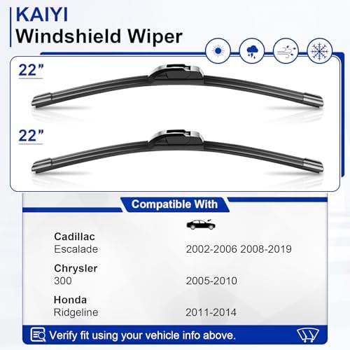 KAIYI 22" + 22" Windshield Wipers Compatible with Cadillac Escalade 2002-2006 2008-2019,Chrysler 300 2005-2010,Honda Ridgeline 2011-2014 Premium Automotive Replacement Windshield Wiper Blades 2 Pack