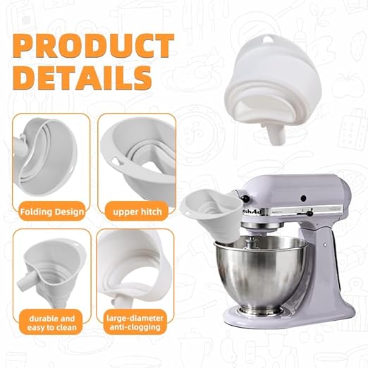 Flour Funnel for Kitchen Aid&Cream Scraper Set, Silicone Food-Grade | Stand Mixer | Leak-Proof Large Capacity Collapsible Design (red, Extended * 1 + Cream Scraper Set)