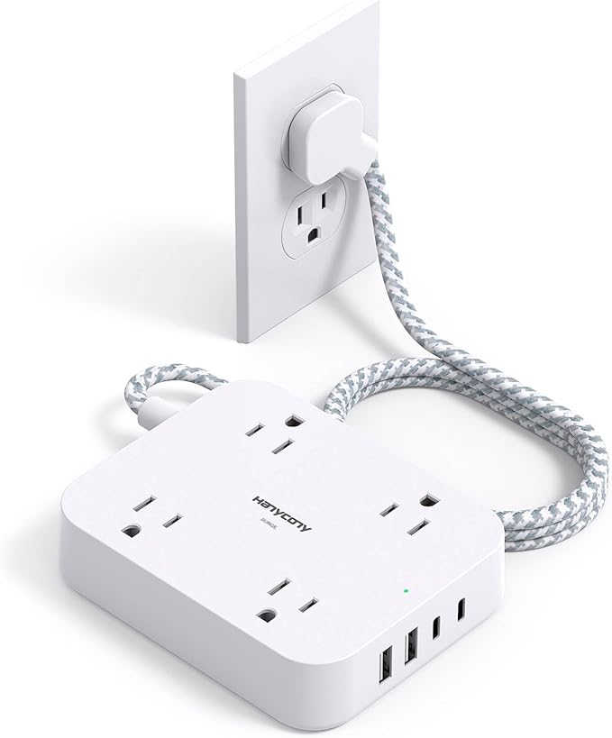 Surge Protector Power Strip, HANYCONY 5Ft Extension Cord with 4 USB Ports(2 USB C), 4 Widely Outlets Extender, Wall Mount, Desk Charging Station for Office School Travel College Dorm Room Essentials