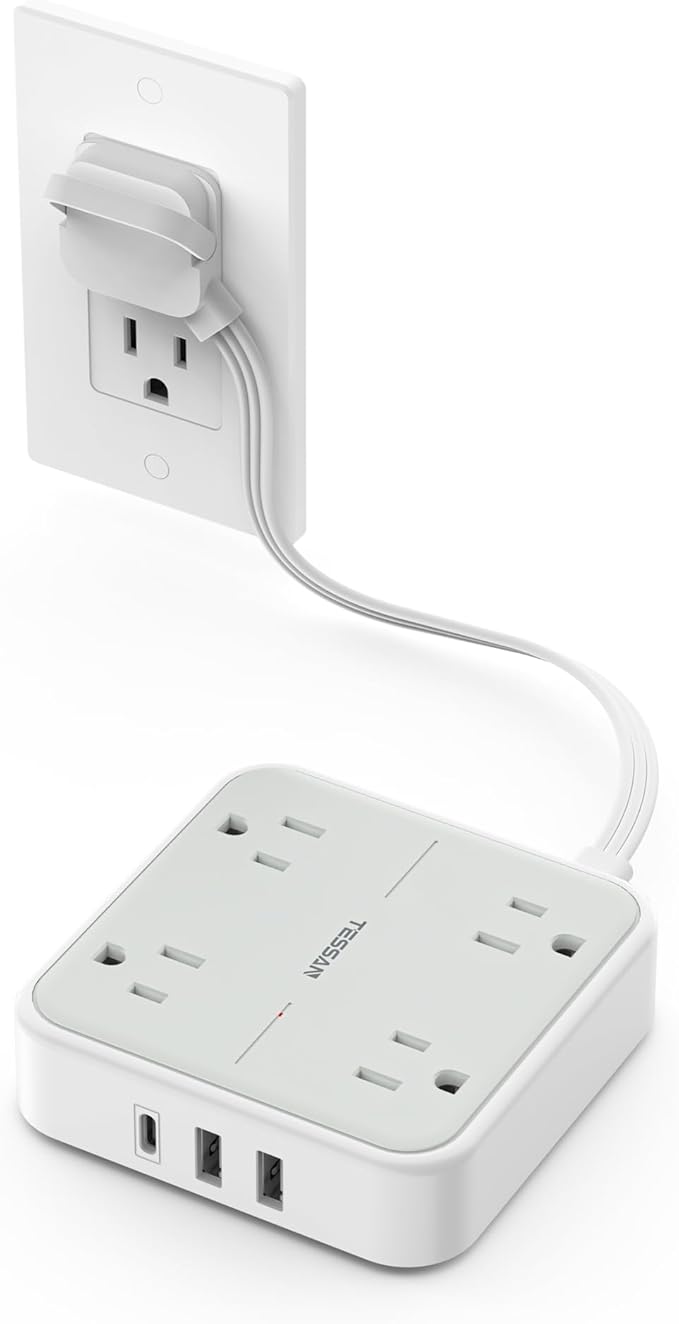 TESSAN Surge Protector Flat Extension Cord 1Ft, Ring Plug Power Strip with 4 Outlets 3 USB Ports (1 USB C), 900 Joules Protection, Multiple Wall Outlet Extender Suitable for Home Office Dorm, Grey