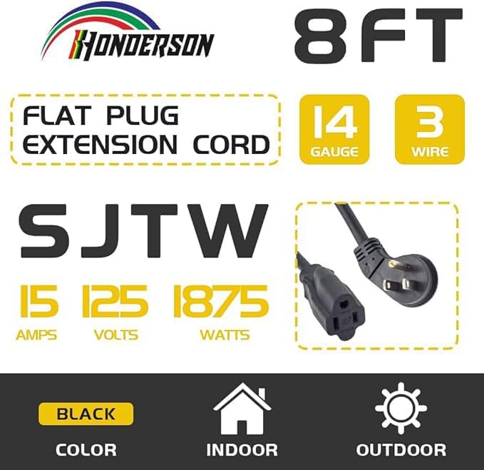Flat Plug Indoor Extension Cord, UL Certified, 14 Gauge 8FT Black 3 Prong Heavy Duty, 14/3 SJTW 15A Power Cord for Lights, Appliances, Home
