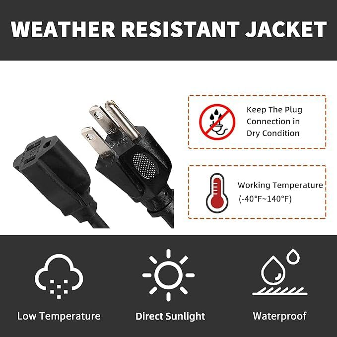 Indoor Outdoor Extension Cord Weatherproof, UL Certified, 14 Gauge 6FT Black 3 Prong Heavy Duty, 14/3 SJTW 15A Power Cord for Outdoor Lights, Appliances, Lawn