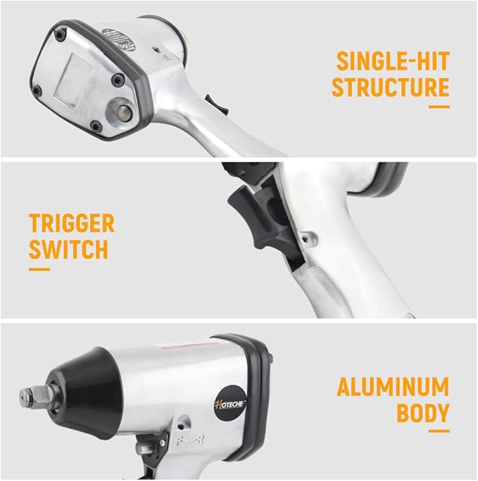 Hoteche 1/2-Inch Air Impact Wrench Kit, 243 ft-lb Max Torque Pneumatic Impact Gun, High Speed Lug Nut Remover, Rocking Dog Mechanism, Includes 3Pcs Sockets for Auto Repair & Tire Maintenance