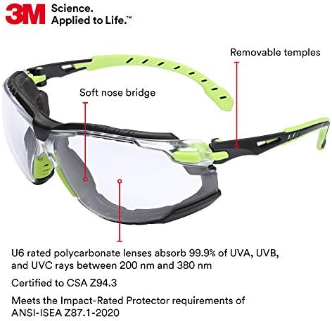 3M Safety Glasses, Solus 1000, Scotchgard Clear Lens, Green/Black Frame