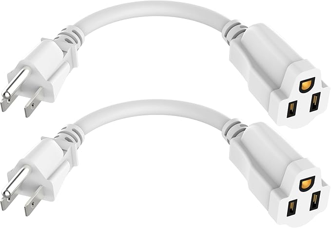 2 Pack Power Extension Cord 0.5FT/6Inch, Short 3 Prong Electric Extension Cable Outlet Saver, Single Outlet, Heavy Duty, Waterproof, Flexible, 16 AWG, 13A 125V, Outdoor & Indoor Extender Wires(White)