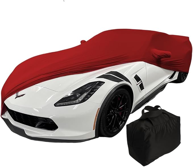 C7 Corvette Indoor Car Cover - Custom Fit Ultraguard Stretch Satin Dust Proof, High End with Storage Bag for 2014-2019 Stingray, Z51, Z06, Grand Sport Corvettes (Dark Red)